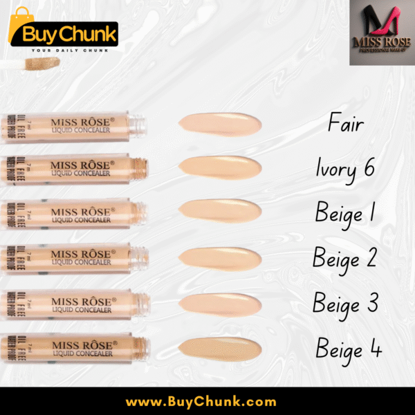 All six Miss Rose Liquid Concealer shades (Fair, Ivory 6, Beige 1-4) displayed as swatches and bottles.