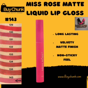Miss Rose Matte Lip Gloss Shade 143 in a sleek, color-coded pink tube with gold branding, shown alongside a swatch of the same rosy shade.