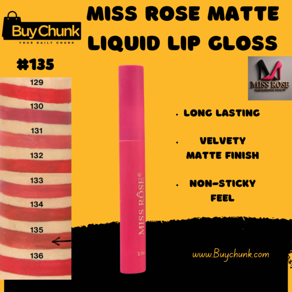 Miss Rose Matte Lip Gloss Shade 135 in a sleek, color-coded pink tube with gold branding, shown alongside a swatch of the same rosy shade.