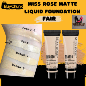 Miss Rose Matte Liquid Foundation Fair, with a swatch on skin alongside Ivory 6, Beige 1, and Beige 2, showing product tubes