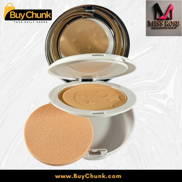 Swatch of Miss Rose Compact Powder 2 in 1 Moon and Back on skin, demonstrating its natural blending and oil control for a smooth, matte look.