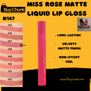 Miss Rose Matte Lip Gloss Shade 147 in a sleek, color-coded pink tube with gold branding, shown alongside a swatch of the same rosy shade.