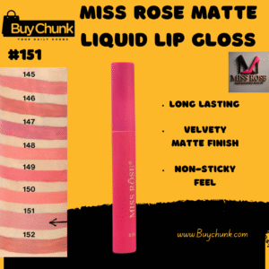 Miss Rose Matte Lip Gloss Shade 151 in a sleek, color-coded pink tube with gold branding, shown alongside a swatch of the same rosy shade.