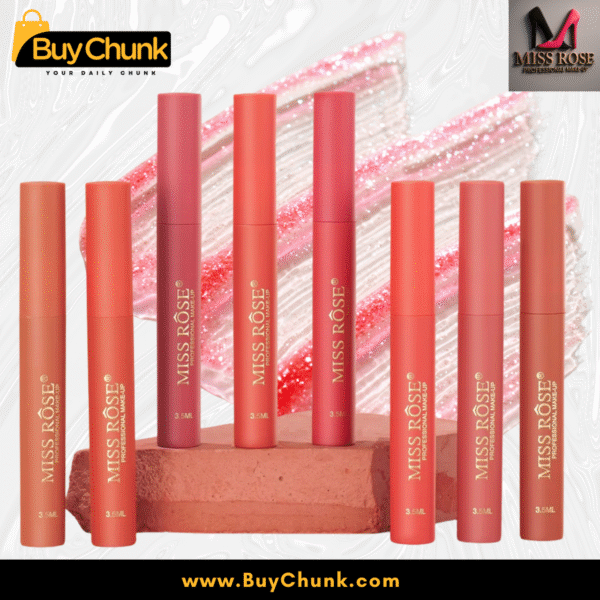 Miss Rose Matte Lip Gloss tubes laid over soft terracotta blocks and swatches, highlighting muted rosy tones