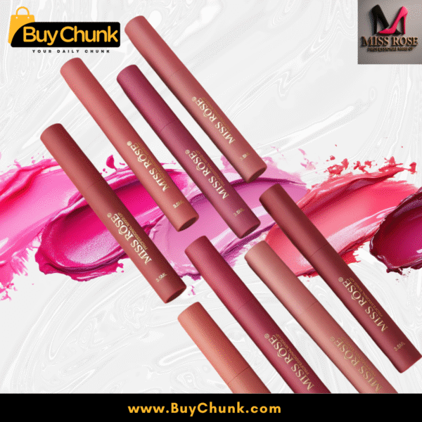 Flatlay of floating Miss Rose Matte Lip Gloss tubes on a swirl-textured background with pink and red strokes