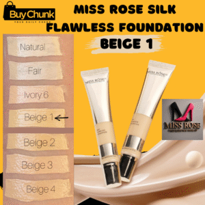 Miss Rose Silk Flawless Foundation Beige 1 single tube with product swatch.