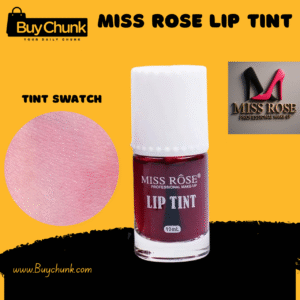 Miss Rose Lip Tint bottle in clear glass with white cap, showcasing its vibrant reddish-pink color. A tint swatch on skin demonstrates the natural flush, alongside the Miss Rose Professional Make-Up logo