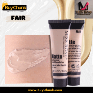 Close-up of Miss Rose Matte Liquid Foundation in Fair, showing its smooth texture swatched on skin, with product tubes in the background.