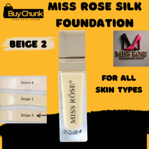Miss Rose Silk Liquid Foundation Beige 2, showing bottle and shade swatches