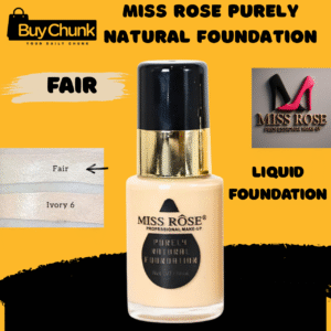Miss Rose Purely Natural Foundation in Fair shade, showing product bottle and swatch
