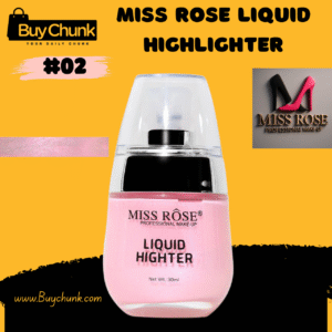 Miss Rose Liquid Highlighter #02 (soft pink) bottle with swatch, showing its delicate pink hue for a radiant glow.