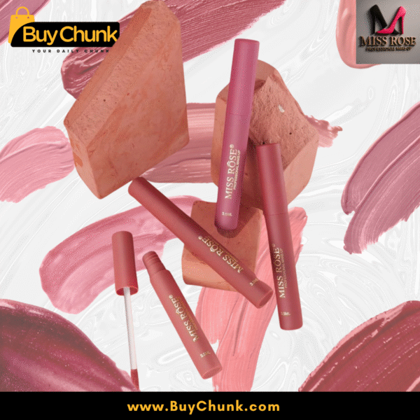 Lineup of Miss Rose Matte Lip Gloss shades with earthy-toned bricks and lip gloss textures in background