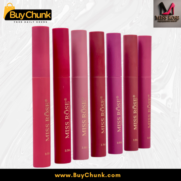 Close-up of Miss Rose Lip Gloss tubes in pink, red, and purple shades on a clean white background