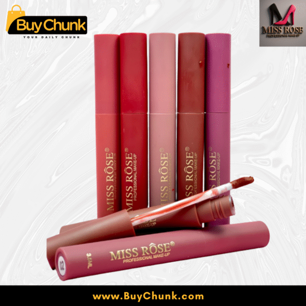 Set of Miss Rose Matte Lip Gloss tubes in multiple shades, standing upright with one wand applicator open