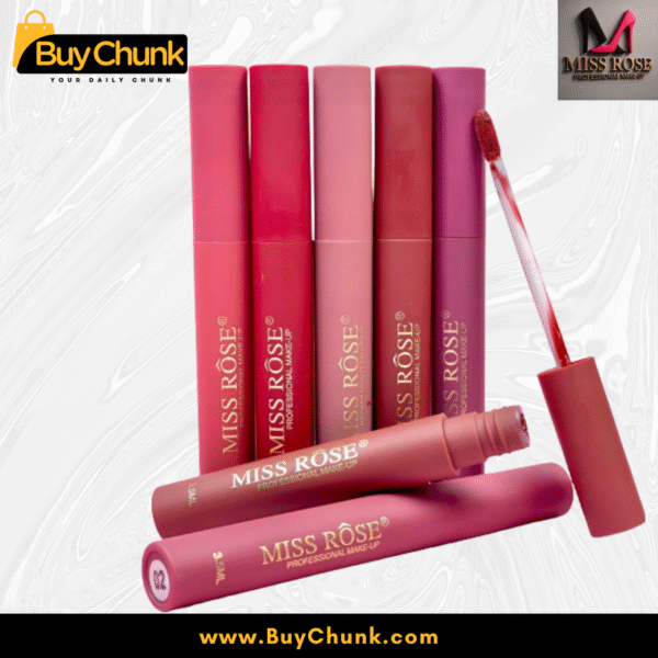 Miss Rose Matte Lip Gloss tubes with open applicators, showing creamy matte texture and smooth pigment"