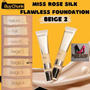 Miss Rose Silk Flawless Foundation Beige 2 single tube with product swatch.