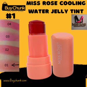 Miss Rose Cooling Water Jelly Tint in Shade 01, showing its peachy-orange casing and red tint, with a swatch of the natural peach color.