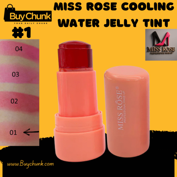 Miss Rose Cooling Water Jelly Tint in Shade 01, showing its peachy-orange casing and red tint, with a swatch of the natural peach color.