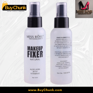 Front and back view of Miss Rose Makeup Fixer bottle, showing usage directions and ingredients like Aloe Vera and Vitamin E