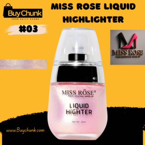 Miss Rose Liquid Highlighter #03 (iridescent lavender) bottle with swatch, highlighting its ethereal shimmer for a dewy finish.