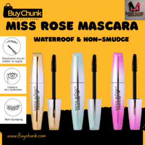 Miss Rose Waterproof Mascara Infinity Lash showcasing its waterproof, non-smudge, elastomer brush, and non-clumping features.