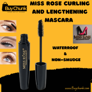 Miss Rose Curling and Lengthening Mascara Waterproof tube and wand, showcasing dramatic curled and lengthened lashes on models.