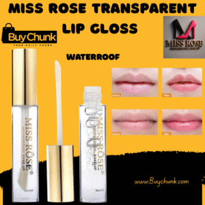 Miss Rose Transparent Lip Gloss bottle with applicator, highlighting its waterproof feature and showing before-and-after application on lips
