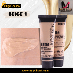 Close-up of Miss Rose Matte Liquid Foundation Beige 1, showing its smooth texture swatched on skin, with product tubes in the background