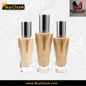 Three elegant bottles of Miss Rose Liquid Foundation and Crystal Ice Concealer, showcasing the product's sleek packaging.