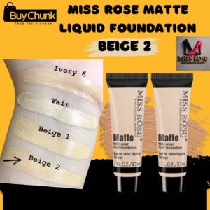 Miss Rose Matte Liquid Foundation Beige 2, with a swatch on skin alongside Ivory 6, Fair, and Beige 1, showing product tubes.