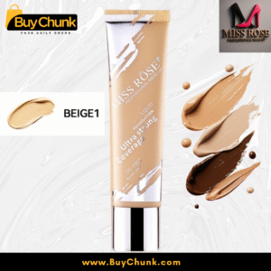 Miss Rose Ultra Strong Coverage Liquid Foundation in Fair, showing the bottle and swatches on skin.