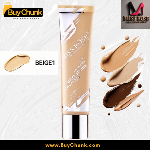 Miss Rose Ultra Strong Coverage Liquid Foundation in Fair, showing the bottle and swatches on skin.