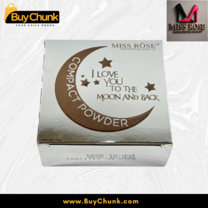 Back view of the Miss Rose Compact Powder 2 in 1 Moon and Back packaging, showing product details and net weight for transparent information.