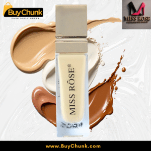 Miss Rose Silk Liquid Foundation bottle surrounded by diverse shade texture swatches.