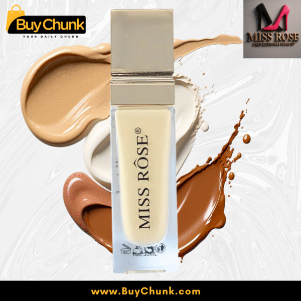 Miss Rose Silk Liquid Foundation bottle surrounded by diverse shade texture swatches.
