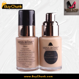 Miss Rose Purely Natural Foundation bottle with liquid texture and swatches