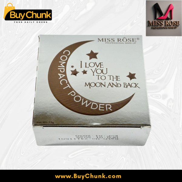 Back view of the Miss Rose Compact Powder 2 in 1 Moon and Back packaging, showing product details and net weight for transparent information.