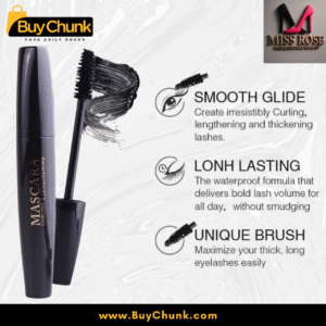 Miss Rose Curling and Lengthening Mascara Waterproof highlighting smooth glide, long-lasting formula, and unique brush for thick, long eyelashes.