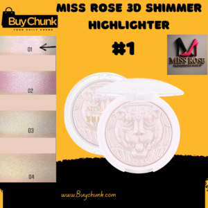 Miss Rose 3D Shimmer Highlighter in shade 01, showcasing its elegant white compact and embossed tiger design, with a swatch of the luminous highlight.
