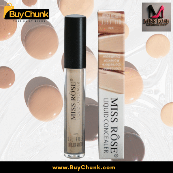 Miss Rose Liquid Concealer bottle next to its retail box, highlighting oil-free and waterproof claims.