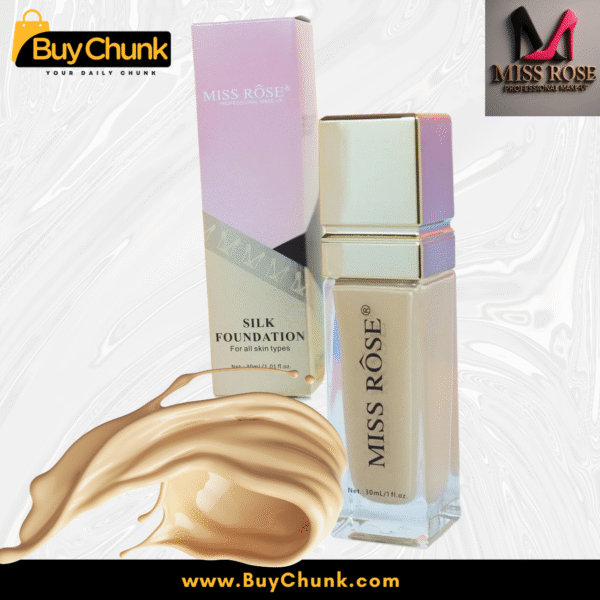 Miss Rose Silk Liquid Foundation bottle with elegant packaging and product texture.