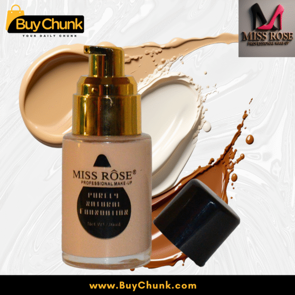 Miss Rose Purely Natural Foundation bottles, one with pump dispenser and the other displaying ingredients