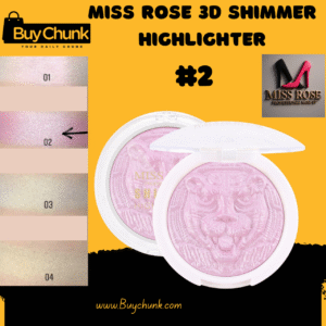 Miss Rose 3D Shimmer Highlighter shade 02, featuring the pink compact and intricate tiger design, with a swatch demonstrating its radiant pink shimmer