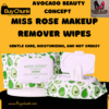 Front view of Miss Rose Makeup Remover Wipes packaging (white container with avocado print).