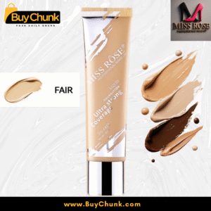 Miss Rose Ultra Strong Coverage Liquid Foundation bottle, packaging, and shade swatches including Natural, Fair, Ivory 6, Beige 1, and Beige 2.