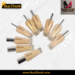 Arrangement of several Miss Rose Liquid Foundation and Crystal Ice Concealer bottles, highlighting product availability.