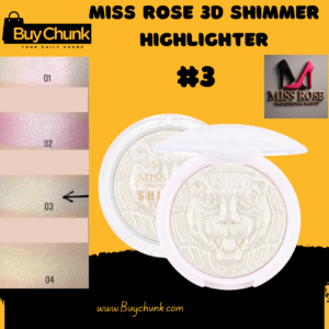 Miss Rose 3D Shimmer Highlighter #3 displaying the white compact and detailed tiger pattern, with a swatch of the subtle, natural glow.
