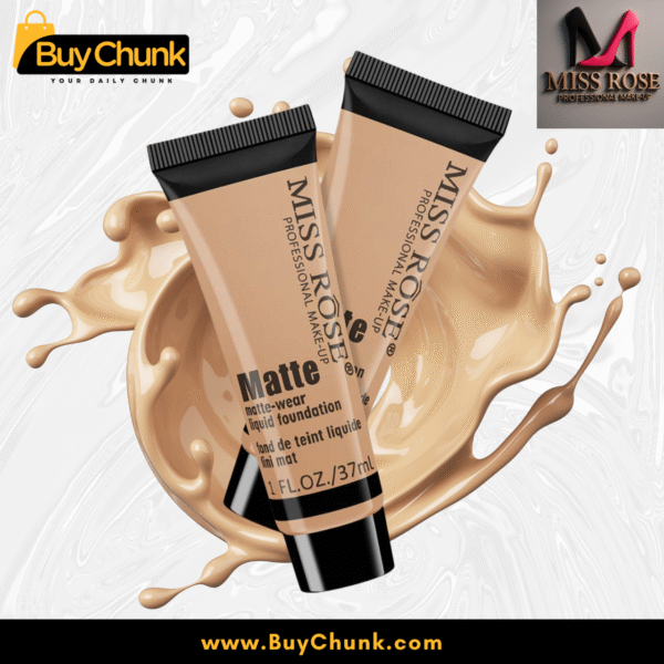 Two tubes of Miss Rose Matte Liquid Foundation with a foundation splatter background, highlighting the product's texture.