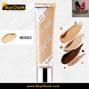 Miss Rose Ultra Strong Coverage Liquid Foundation in Beige 2, showing the bottle and swatches on skin