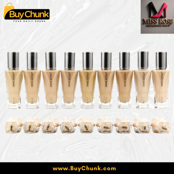 Miss Rose Liquid Foundation and Crystal Ice Concealer bottles displayed with various shade samples, illustrating the diverse color range
